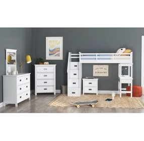 Brooklyn White Twin Storage Loft Bed with Staircase and Integrated Speaker Desk