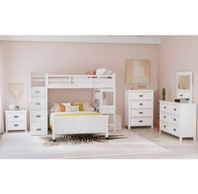 Brooklyn White Twin Over Full Storage Loft Bed with Staircase and Integrated Speaker Desk