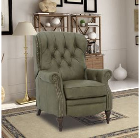 Kendall Oasis Olive Leather Push Thru The Arms Recliner with Nailhead Trim