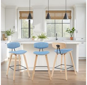 Fox Oak and Light Blue Upholstered Counter Height Stool