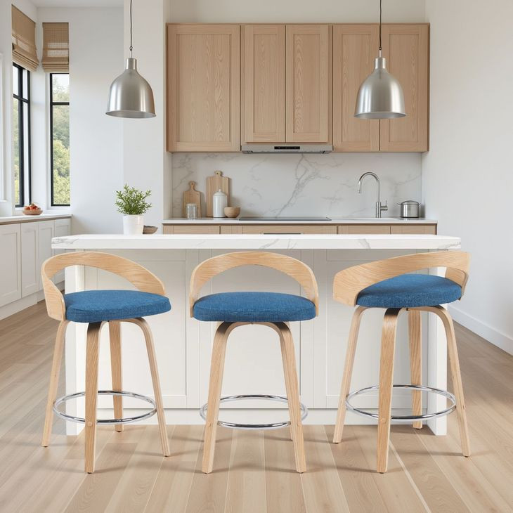 Sonia Oak and Blue Upholstered Swivel Counter Height Stool