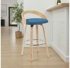 Sonia Oak and Blue Upholstered Swivel Bar Stool