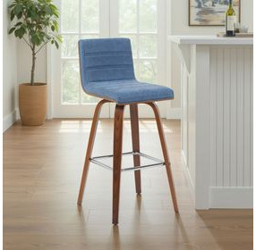 Vienna Walnut and Vintage Blue Upholstered Swivel Bar Stool