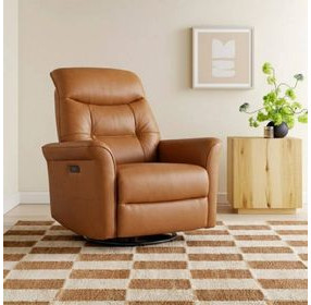 Jennings Camel Leather Swivel Glider Power Recliner with Power Headrest and USB Charging