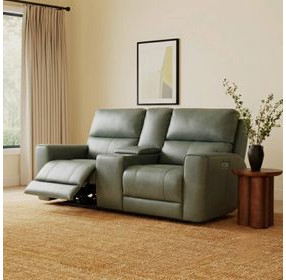Lioran Sage Moss Leather 77" Zero Gravity Power Reclining Console Loveseat with Power Headrest and USB Charging