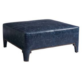 Sheffield Blue Leather Upholstered Cocktail Ottoman with Nailhead Trim