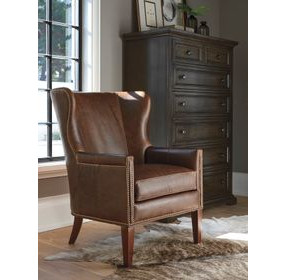 Avery Brown Leather Upholstered Wing Chair with Nailhead Trim