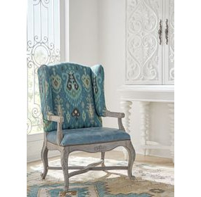 Patras Blue Leather Upholstered Wing Chair with Nailhead Trim