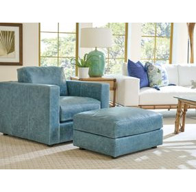 Key Biscayne Granville Blue Leather Upholstered Rectangular Ottoman