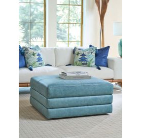 Brickell Blue Leather Upholstered Square Ottoman