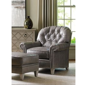 Bayville Oyster Bay Millstone Leather Upholstered Lounge Chair with Nailhead Trim