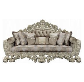 Sorina Beige and Antique Gold Living Room Set with Pillows and Nailhead Trim