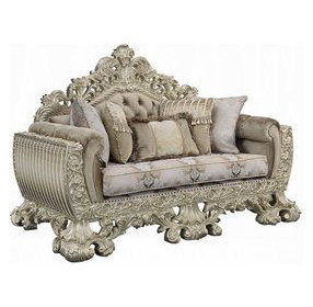 Sorina Beige and Antique Gold 77" Loveseat with Pillows and Nailhead Trim