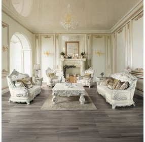 Adara Pearl White Living Room Set with Pillows and Nailhead Trim