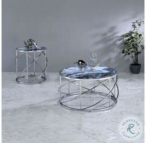 Lyda Blue Marble Print and Chrome Round Occassional Table Set