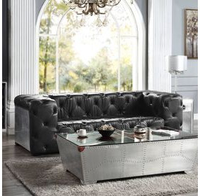 Brancaster Black Leather 95" Sofa with Nailhead Trim