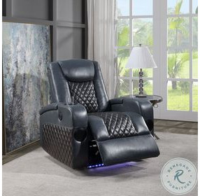 Alair Blue and Black Leather Aire Power Recliner with Bluetooth Speaker and Cooling Cup Holder