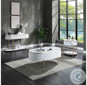 Daveigh White High Gloss and Gold Oval Occassional Table Set