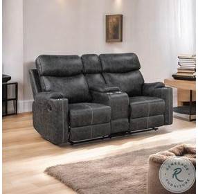 Hirah Dark Gray Polish Microfiber 75" Reclining Loveseat with Console and USB Charging