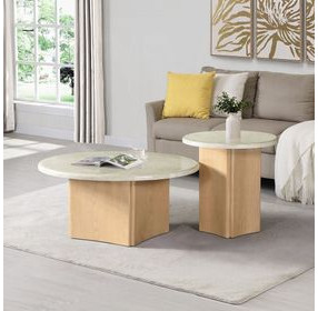 Qwin White and Oak Marble Top Occassional Table Set