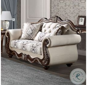 Pierce Beige Fabric and Cherry 69" Loveseat with 3 Pillows