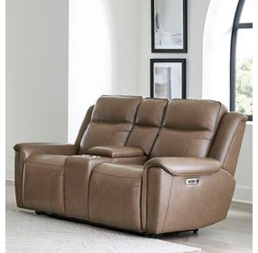 Atlantis Smooth Latte Leather Zero Gravity Power Reclining Console Loveseat