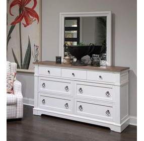 Crownfall Whisper White and Cerused Nutmeg 7 Drawer Dresser with Rectangular Mirror
