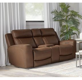 Calgary Autumn Umber Leather Power Reclining Console Loveseat