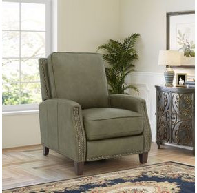 Melrose Oasis Olive Leather Push Thru The Arms Recliner with Nailhead Trim