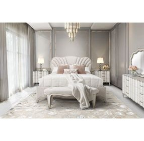 London Place Creamy Pearl Velvet Panel Bedroom Set