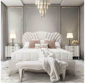 London Crest Creamy Pearl Velvet Queen Panel Bed with USB Charging