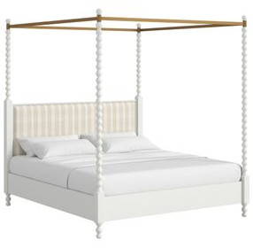 Haven Warm White Queen Upholstered Canopy Poster Bed