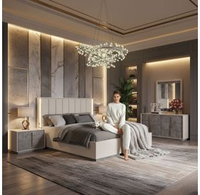 Pavira Stone and Taupe Upholstered Platform Bedroom Set