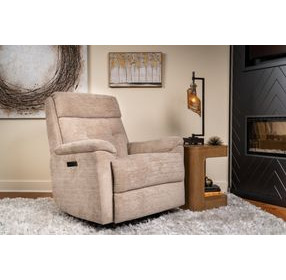 Sophisticated Oat Performance Fabric Swivel Gliding Power Recliner with Power Lumbar and USB Charging