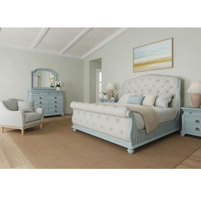 Summer Creek Blue and White Upholstered King Sleigh Bed