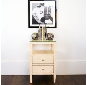 Roscoe Natural Grasscloth Square 2 Drawer Glass Top Side Table