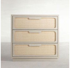 Serini Cerused White and Natural Seagrass 3 Drawer Nightstand