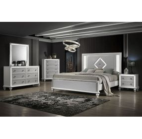 Stardust White California King Upholstered Panel Bed with LED