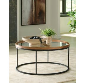 Noraluna Medium Brown and Black Round Glass Top Cocktail Table