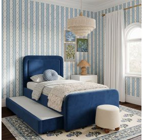 Briella Navy Blue Performance Velvet Twin Upholstered Panel Storage Trundle Bed