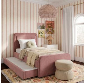 Briella Salmon Performance Velvet Upholstered Panel Storage Trundle Bedroom Set