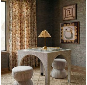 Tomlin Beige Performance Fabric 35" Square Game Table and Round Ottoman Set of 2