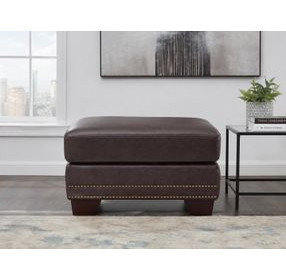 Aldercrest Brown Leather Upholstered Rectangular Ottoman with Nailhead Trim