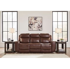 Mighty Moves Mahogany Leather 88" Power Reclining Sofa with USB Charging