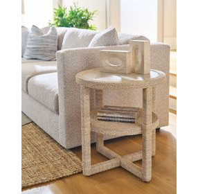 Azure Abaca and Travertine Round Side Table