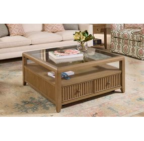 Reed Driftwood Oak Square Glass Top Coffee Table with Casters