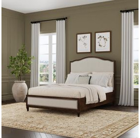 Bellevue Creamy Tan and Whiskey Brown Performance Fabric Queen Upholstered Platform Bed with Nailhead Trim