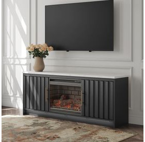 Cadmori Matte Black and White 63" TV Stand with 7 Level Temperature Electric Fireplace