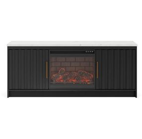 Cadmori Matte Black and White 63" TV Stand with 7 Level Temperature Electric Fireplace