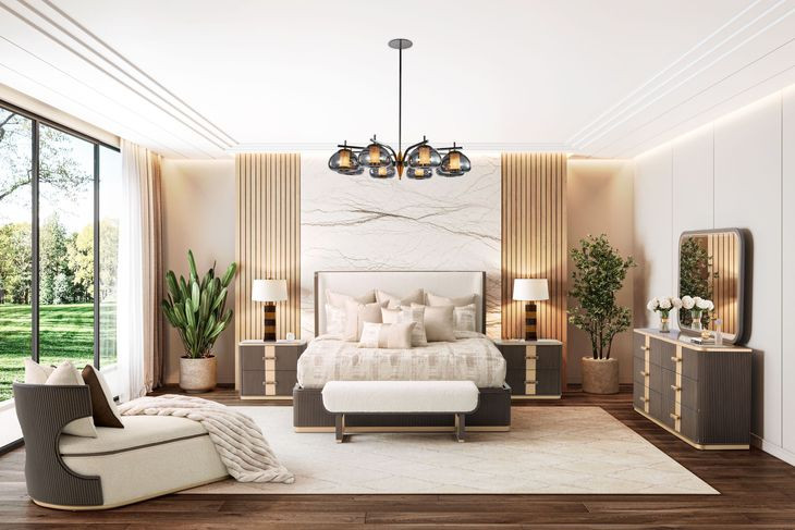 West Kensington Buff and Medium Espresso King Upholstered Platform Bed with USB Charging